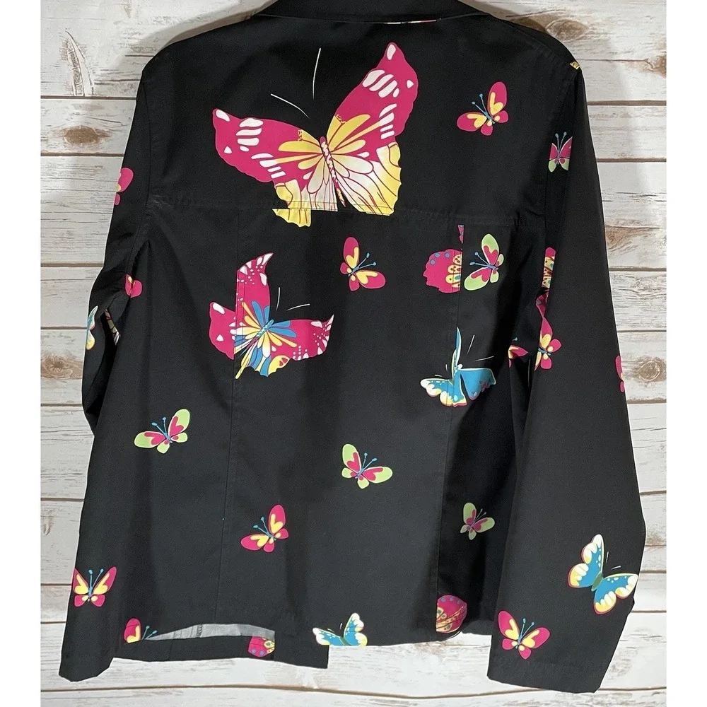 Black Butterfly Print Lightweight Jacket L Retro Whimsigoth Fairy Grunge Y2K 90s